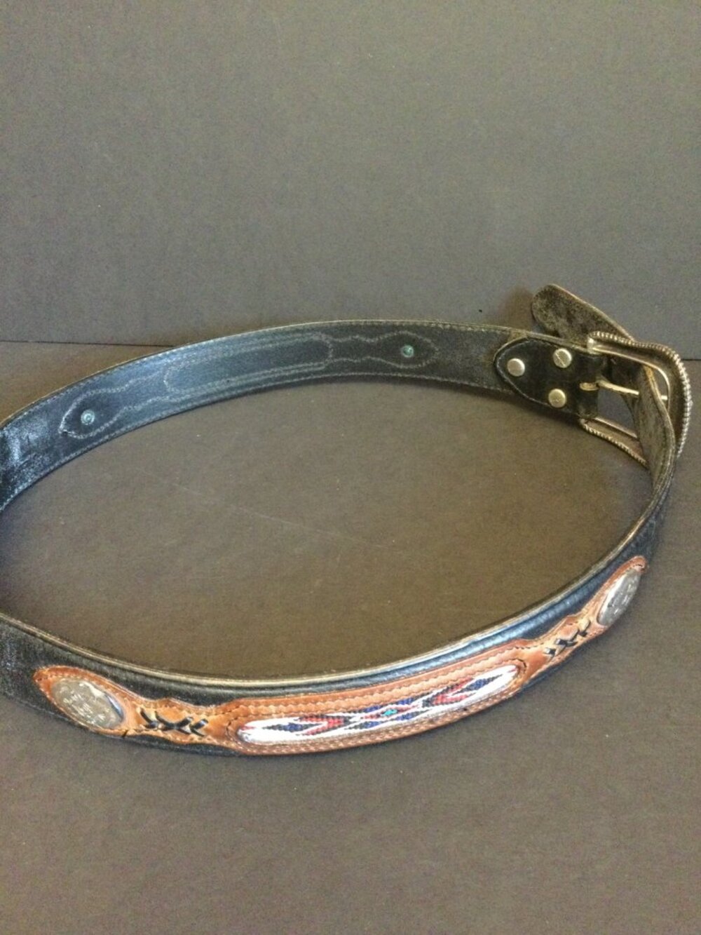 Vintage Wrangler Mens Western Top Grain Leather Belt Size 34 Southwestern Aztec